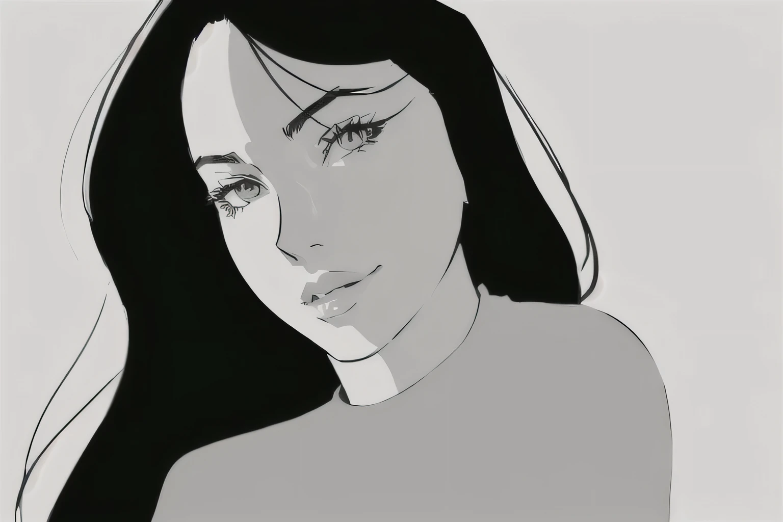 A closeup of an anime woman, manga, with long hair and a black and white image, line art portrait, Vector style drawing, thick vector line art, digital sketch, vector line art, black and white vector art, digital portrait, thick line art, mainly grayscale, vector line - art style, digital illustration portrait, digital drawing, thin line art, drawn in a black style