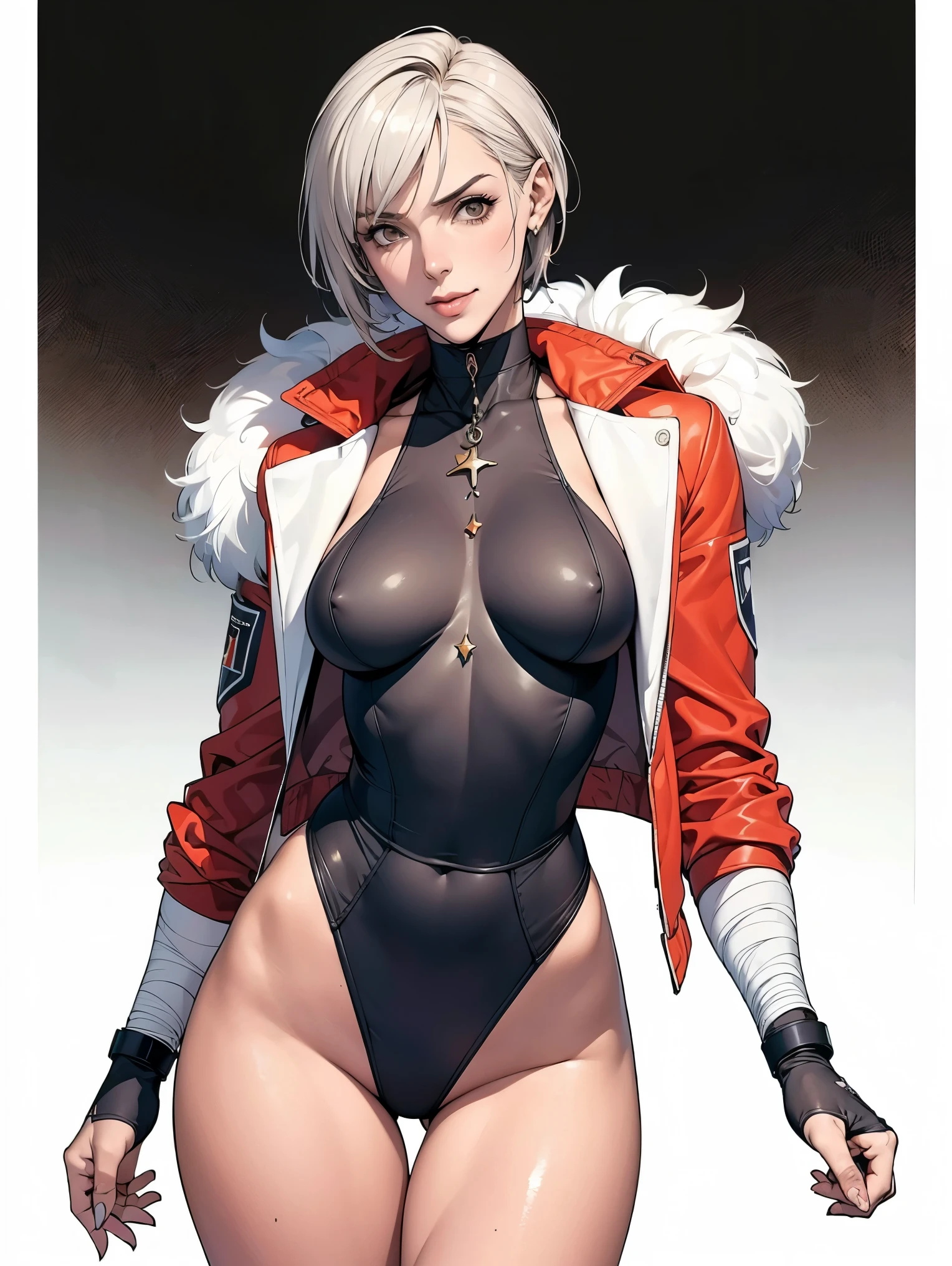 (((Annie Lennox))), (((colorful suit))), (scars), (((bandaged arms))), (((colorful clothes))) (( hood)), (((best quality: 1.4))), (Unbeatable masterpiece), (hyper HD),(CG 8k hyper-realistic), brave face, (((breasts big))), (((hyper feminine))), sexly girl, black tattoo,(ultra short red hair with white highlights)), ((( sculptural body ))), (((1 Kizi))), Kizi tatuada de 25 anos com perfect body,,Beautiful and well-groomed face,muscular body:1.2,solid color detailed jacket, (Head to thigh photos), Complex equipment, ,Tight clothes,With white stars and off-white stripes,,,,,Armor Metal Electronic Parts, Poison tattoos ) INFO, Kizi, (((standing alone))), , 24歳, sexy, pose de attitude, work of art, dancing, ((slight smile)), post-apocalypse, (((manga style))), bounty hunter, the way you want, perfect body, roupa moderna, advanced technology, white, yellow accent, black, red accent, fur collar jacket, sleeves with vertical striped pattern, background city, (( cowboy shot )). intricate visual, narrow waist, (((wide hips))), wide hips, fit thighs, (((thigh gap))), Thigh gap, background shows a futuristic airplane, open expression.