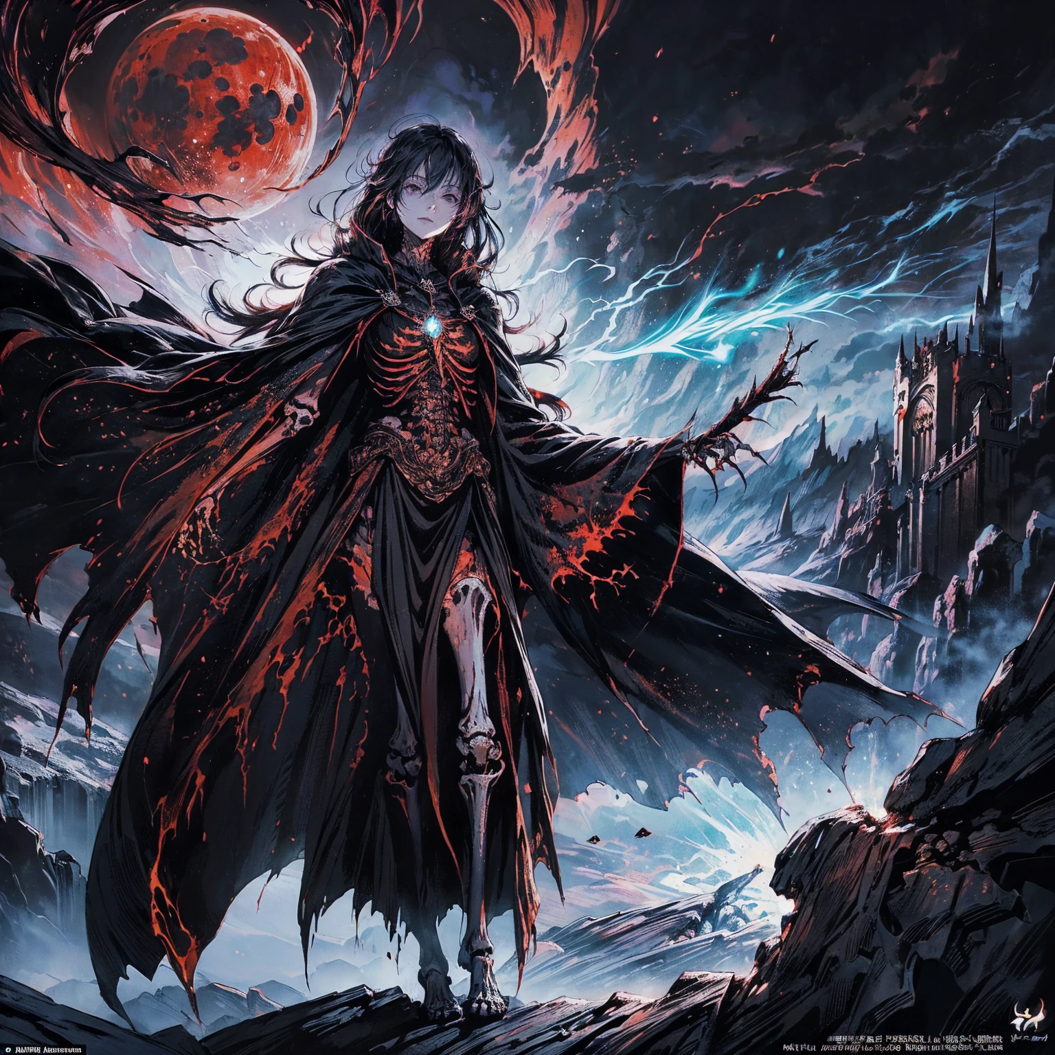 (full body shot:1.5), (Wide-angle lens:1.2), (black hair:1.5), best quality, 4K, high resolution, (masterpiece:1.2), Very detailed, (current:1.37), (Anatomically correct:1.5), Mood lighting, Undead girl in a long cloak, (Torso and limb is skeleton bone but head is still beautiful human face:1.2), Wearing a tattered gothic skirt, A sense of alienation, Dangerous sneer, Smiling and crying, Dark Force (StarWar), Force lightning radiates from fingertips, Facing the camera, Pitch black sky, Blood red moon, strange atmosphere, Gothic style, Unforgettable beauty, Dramatic shadows, Ethereal Light, Mysterious atmosphere, Resurrection from the grave, The Black Magic, Dead, Anime characters with black hair, Detailed cover design, Anime epic artwork, detailed key anime art, Be focused, dark fantasy artwork, Anime Fantasy Artwork, Official artwork with high detail, Dark Witch Panorama, Lich Vecna (d&d)