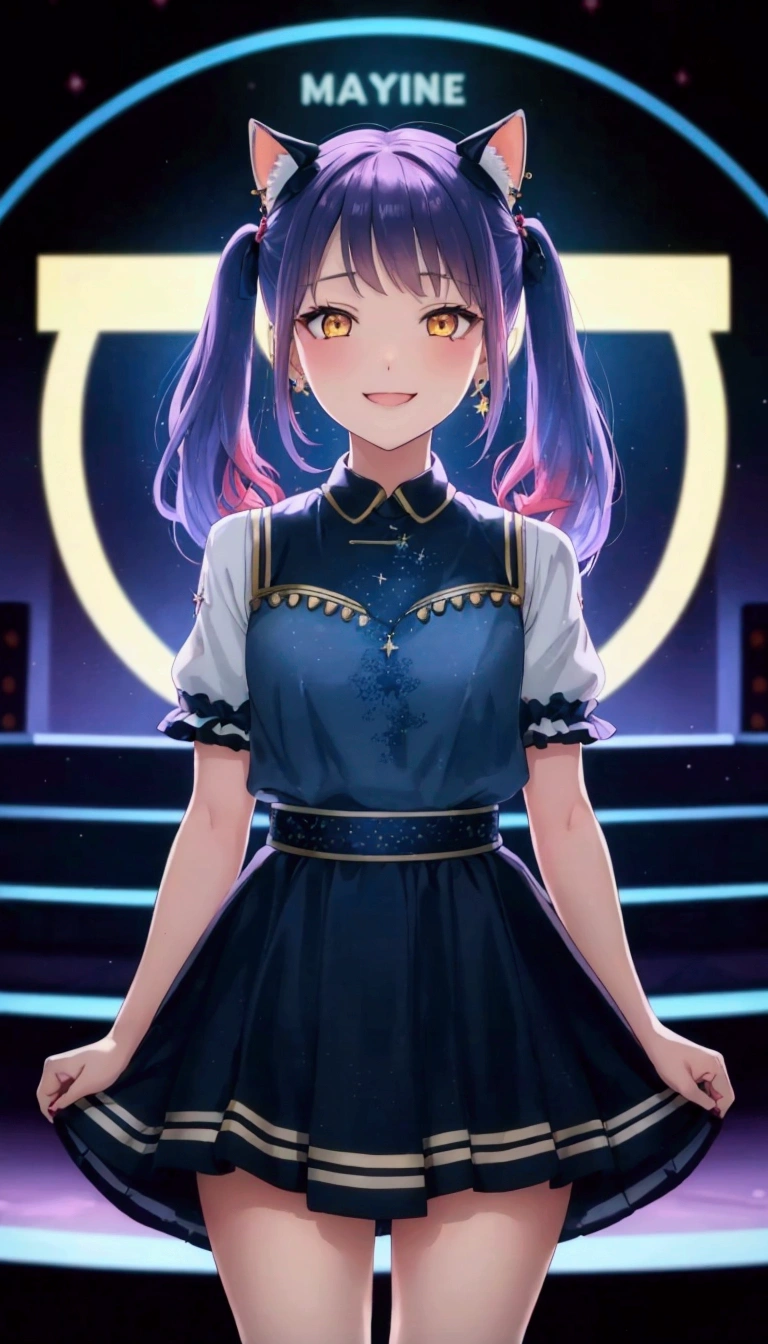 girl、20-year-old、gal、Gal's makeup、slender body、Like、、long hairstyles、summer clothes、sprinkle the chest with bleach、There is a six-pointed star behind my eyes、yellow eyes、eyes are shining、Red-pink hair, idol、cute、girl、eyes are large and round、The face is thin、smile、smile、earrings、necklace、wedding ring、Attracted、My favorite 、Center of festival stalls、A fantastic landscape of light and darkness with falling stars、be happy、cheeks are red、dance