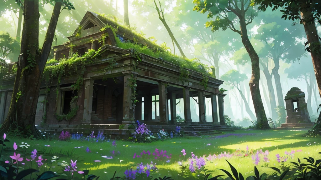 Ancient buildings transformed by nature, Wildflowers blooming around, The ruins are covered with lush green plants, Located in a secluded forest glade. Soft light shines through the dense tree canopy, Quiet and desolate. Anime Nature, Peaceful atmosphere, Very detailed, High-definition quality, Natural appearance, Collapsed old building