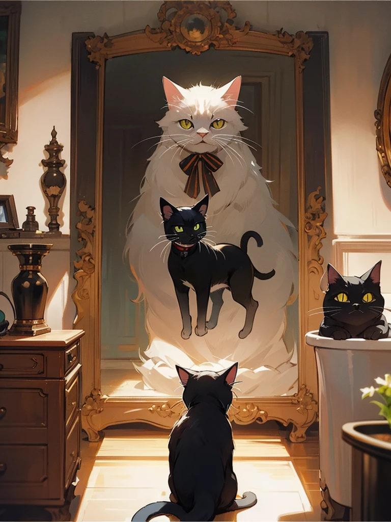 Generates an image of a cat looking in the mirror and seeing that in the mirror there is an evil version of it, On the good cat's side there would be blue lighting and on the evil cat's side there would be red lighting.