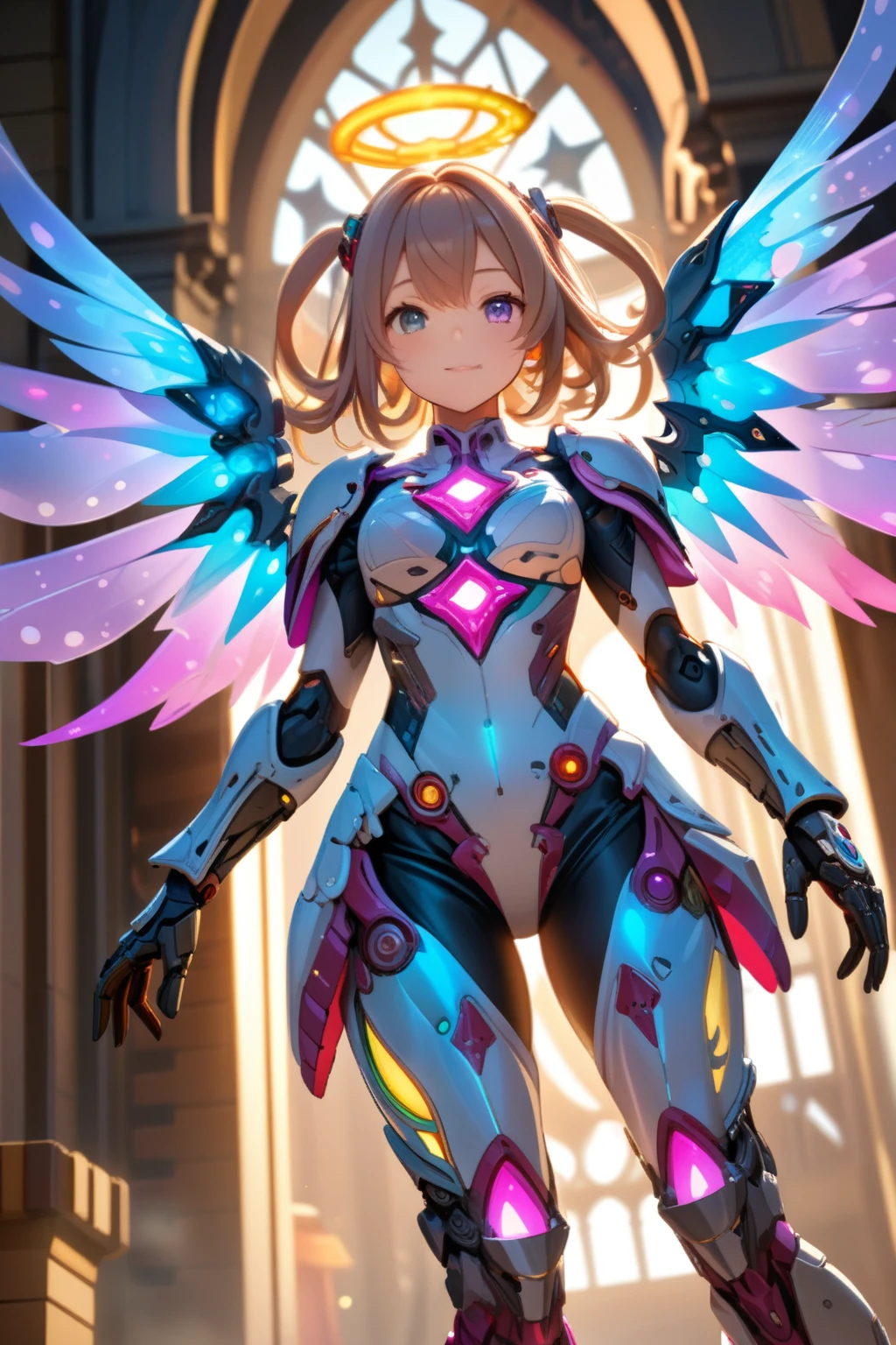 (best quality, masterpiece, colorful, dynamic angle, from below, highest detailed)upper body photo, full body photo, fashion photography of cute mechangel, glowing 4 wings, solo, glowing armor, glowing halo, building, glowing mechanical 4 wings (intricate details, hyperdetailed:1.15), detailed, light passing through hair, (official art, extreme detailed, highest detailed), HDR+