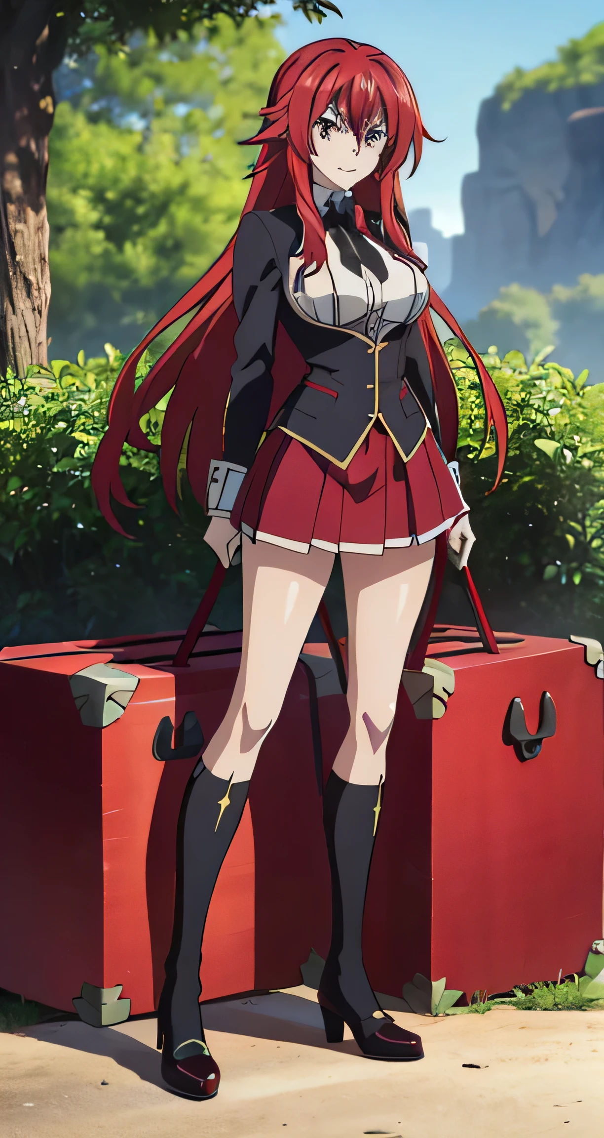 (((picture-perfect))), (absurderes), 1 girl, standing alone, Rias Gremory, red skirt, looking ahead at viewer, ssmile, (((trunk)))