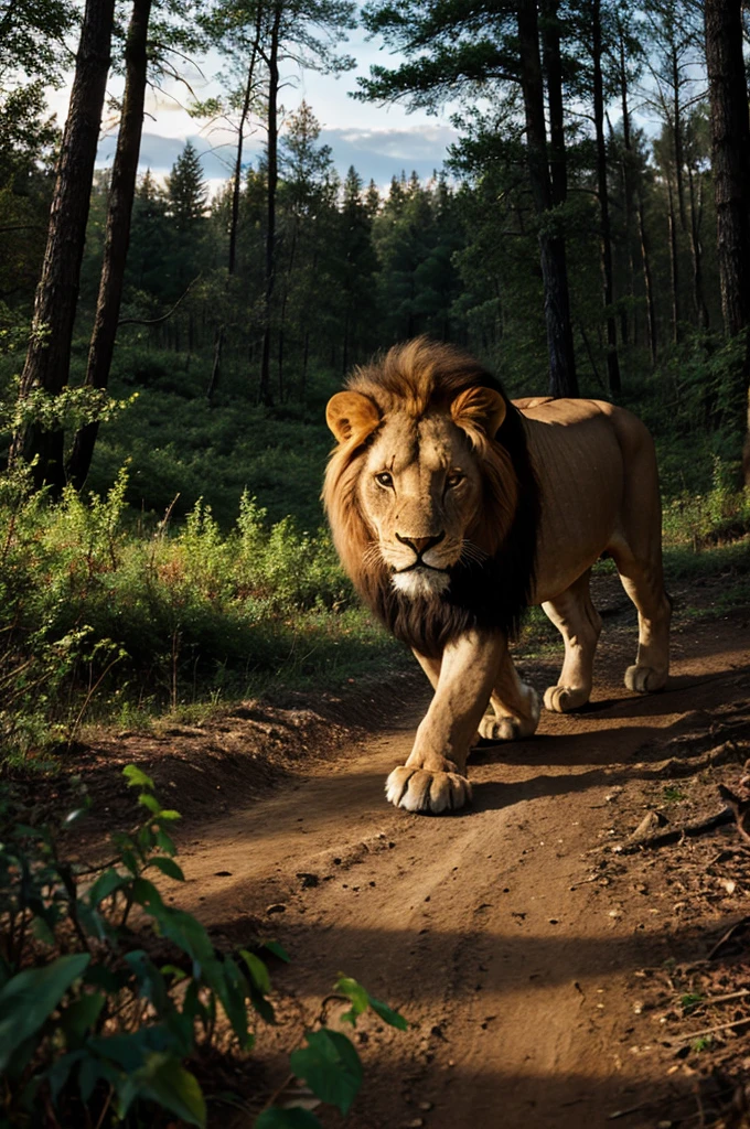 Make moving lion roaming deeply in dark forest for killing hunger