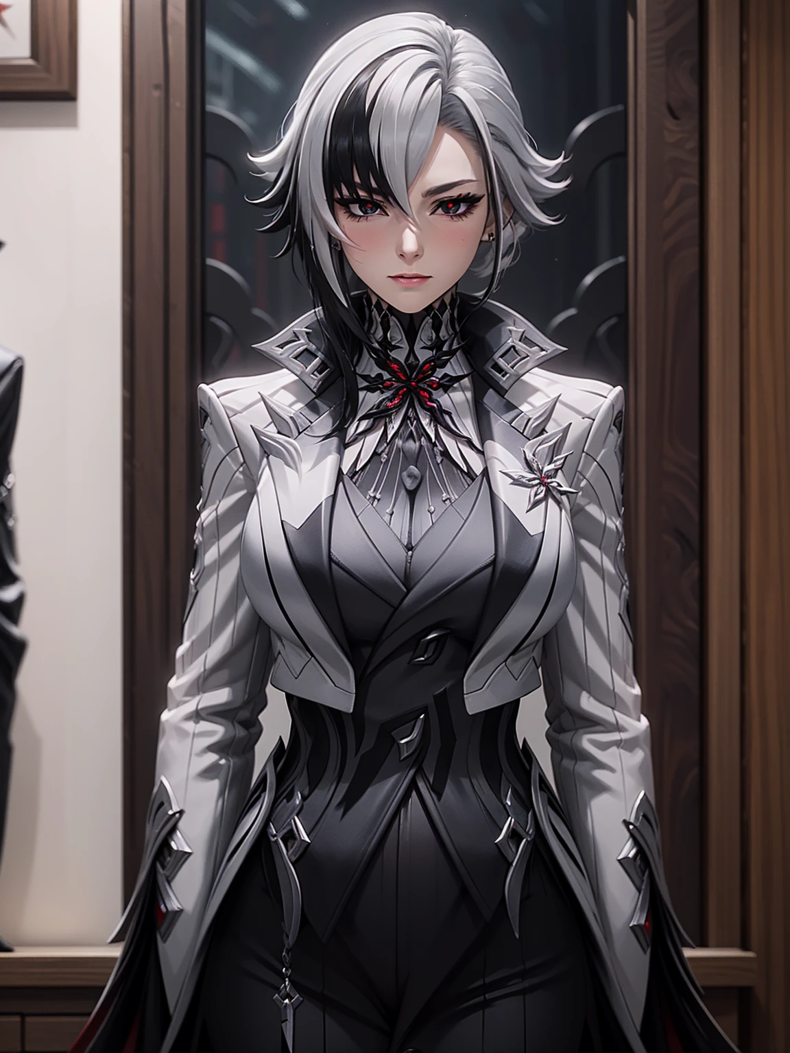 Masterpiece, ultra detail, high quality, 8k cg, huge breasts, raidenshogundef, blush, bright eyes, standing, slim body, narrow waist, (upper body:1.5), 1girl, solo, white hair, black hair, multicolored hair, x-shaped pupils, black eyes, arle_suit