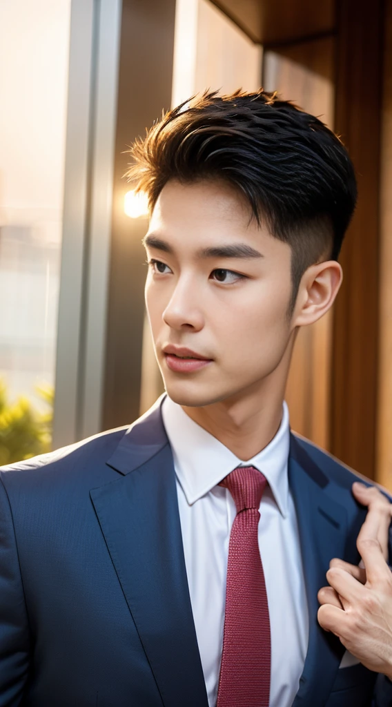 (realistically, Masterpiece, High resolution 8K, good light quality, Portrait, closed on face, complicated details), The most handsome Korean uncle., Beard,Age 40, Staring at desire, detailed face, Detailed eyes, look at the sky, shirt, suit lac suit,tick,黑Eyes, (Pale skin), body standards,brown hair, smooth hair,Big Back, Outdoor activities, evening, sunset,office room, Exaggerated, impersonal