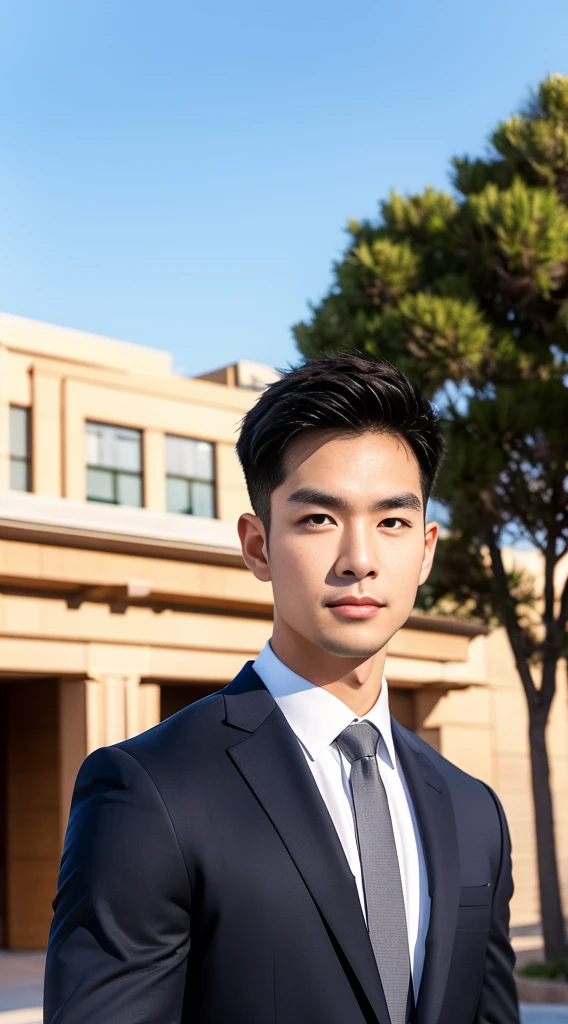 (realistically, Masterpiece, High resolution 8K, good light quality, Portrait, closed on face, complicated details), The most handsome Korean uncle., Beard,Age 40, Staring at desire, detailed face, Detailed eyes, look at the sky, shirt, suit lac suit,tick,黑Eyes, (Pale skin), body standards,brown hair, smooth hair,Big Back, Outdoor activities, evening, sunset,office room, Exaggerated, impersonal