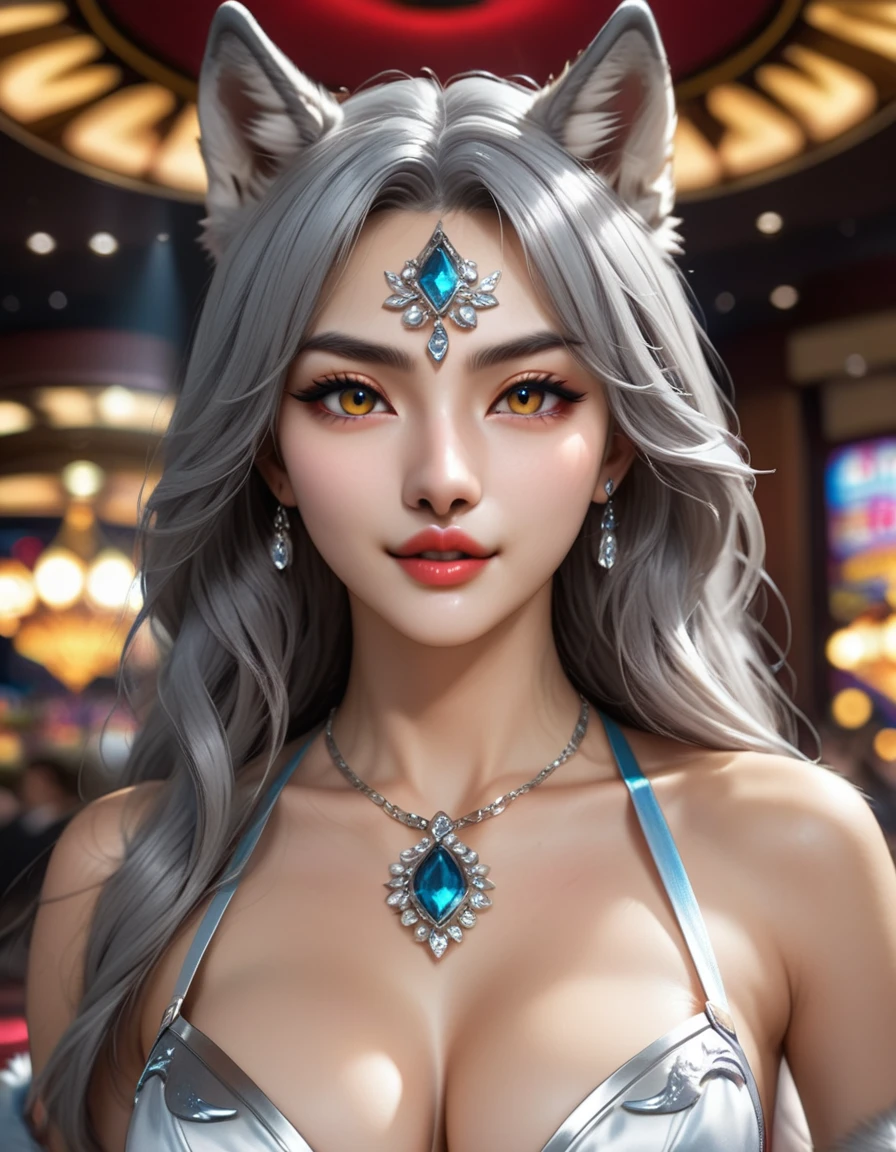 A human-wolf hybrid girl、(Beautiful detailed wolf nose and mouth: 1.8)、beard、Long grey hair、Beautiful detailed skin、Slim fit body、Large Breasts、Six Pack Abs、Bunny Girl Costume、Raise two hands to show armpits、Casino Background、 (Highest quality、4K、8k、High Resolution、masterpiece:1.2)、Super detailed、(Real、Photorealistic、Photorealistic:1.37)、Detailed eyes、Detailed face、gorgeous、elegant、Impression