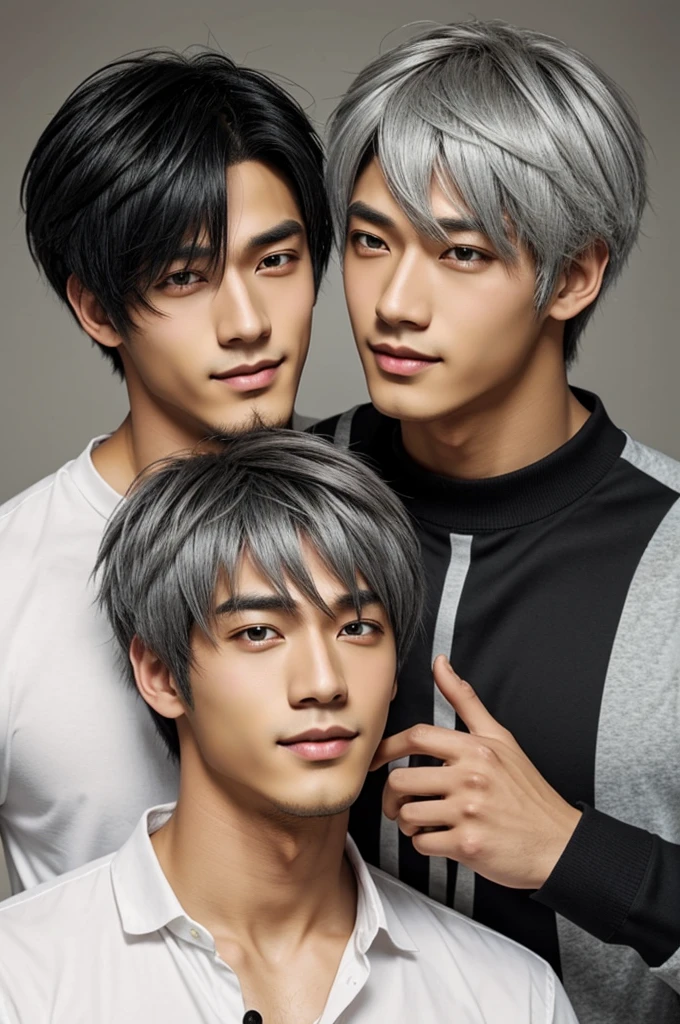 Yaoi bl anime couple, a man with gray hair and honey eyes, the other with black hair and dark skin 
