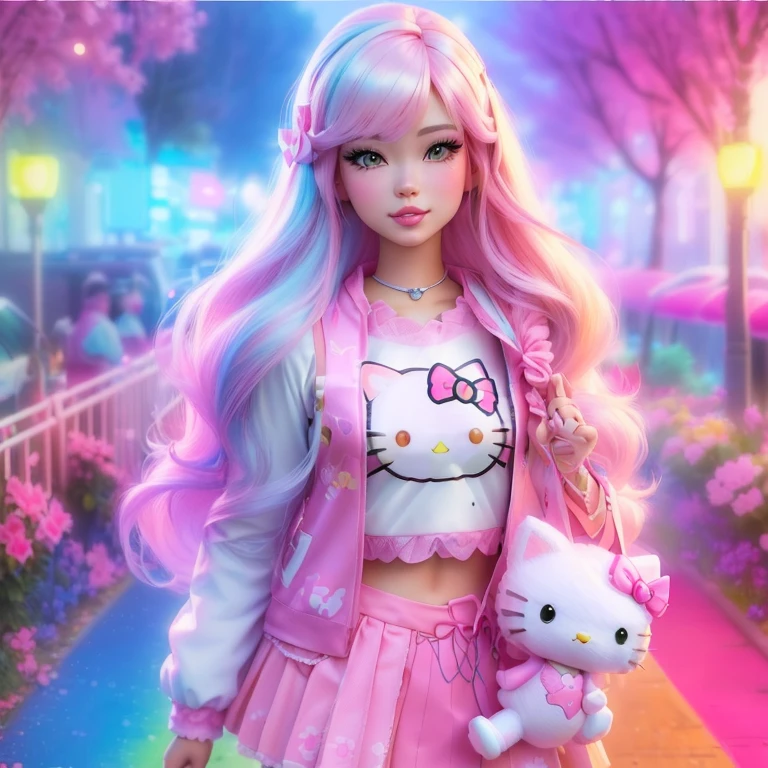 barbie doll with pink hair and a hello kitty outfit, anime barbie doll, anime barbie in white, very beautiful cute catgirl, barbie doll, rossdraws pastel vibrant, kawaii realistic portrait, colorful aesthetic, rossdraws cartoon vibrant, realistic anime 3 d style, realistic artstyle, cute digital art, beeple and jeremiah ketner, anime styled 3d