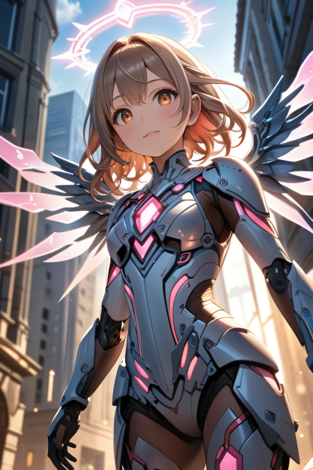 (best quality, masterpiece, colorful, dynamic angle, from below, highest detailed)upper body photo, full body photo, fashion photography of cute mechangel, glowing 4 wings, solo, glowing armor, glowing halo, building, glowing mechanical 4 wings (intricate details, hyperdetailed:1.15), detailed, light passing through hair, (official art, extreme detailed, highest detailed), HDR+