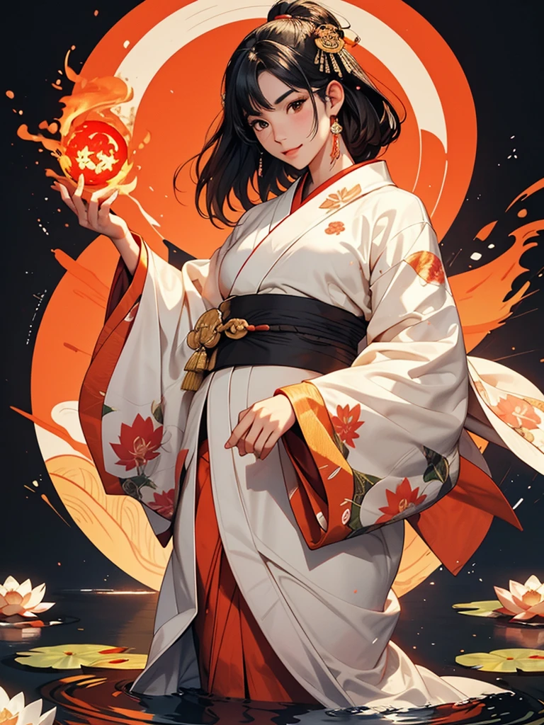 Edo Period、Background fireball、Black hair straight、White kimono、Background lotus pond