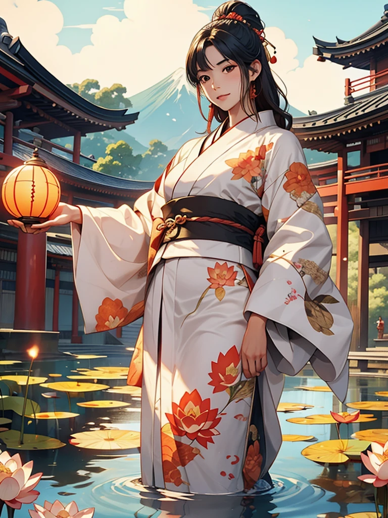 Edo Period、Background fireball、Black hair straight、White kimono、Background lotus pond