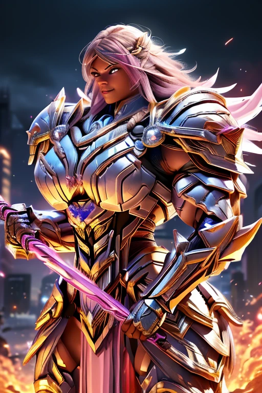 (((Massive, tall, beautiful, buff, muscular brown skinned female Valkyrie with shocking hair, ginormous bulky muscles, holding a fire sword and wearing an all pink gleaming Valkyrie armor and pleated skirt))), ((close-up)), black eyeliner, massive muscles, massive biceps, hyper muscle triceps, (angled bob cut), red eyes, gladiator boots, In heaven, steel Valkyrie armor, armor breastplate, nighttime, confident smile, (hyper muscles arms), hyper muscle legs, (ginormous arms)