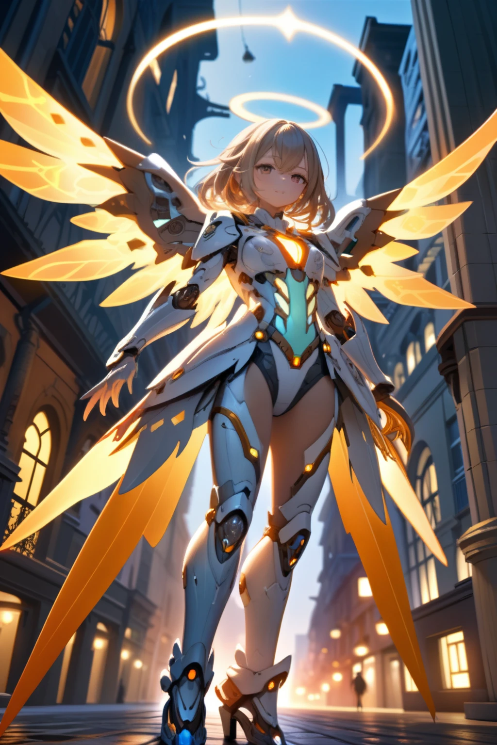 (best quality, masterpiece, colorful, dynamic angle, from below, highest detailed)upper body photo, full body photo, fashion photography of cute mechangel, glowing 4 wings, solo, glowing armor, glowing halo, building, glowing mechanical 4 wings (intricate details, hyperdetailed:1.15), detailed, light passing through hair, (official art, extreme detailed, highest detailed), HDR+