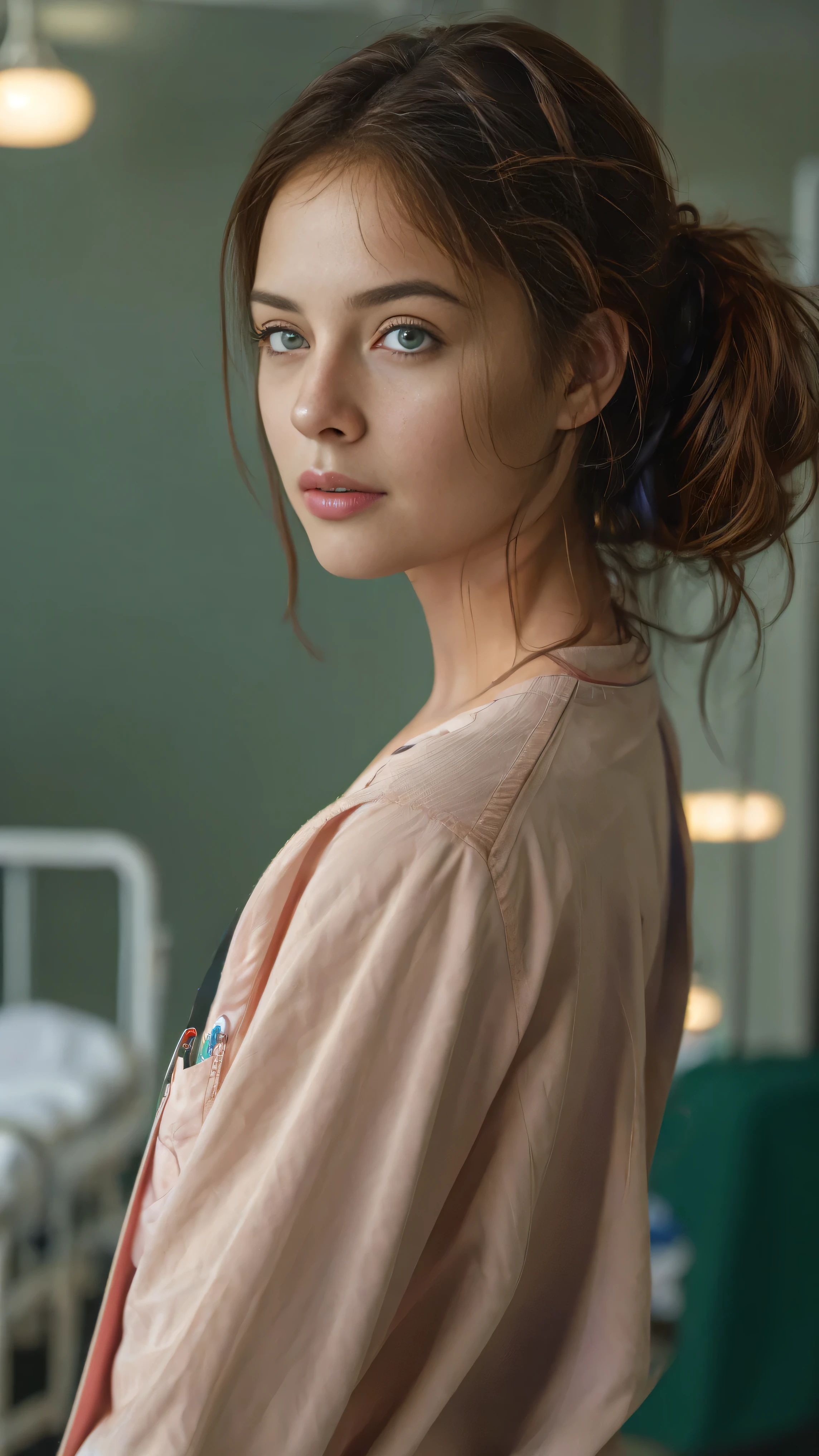 masterpiece, best quality, 5. ((best quality)), ((masterpiece)), ((realistic)), portrait of a young nurse in a hospital, (compassionate expression and professionalism:1.2), [caring green eyes], [scrubs and medical equipment], (busy hospital environment:1.3), [healthcare setting], (highlighting the dedication to patient care:1.2), [occupational realism], (8k resolution:1.2)