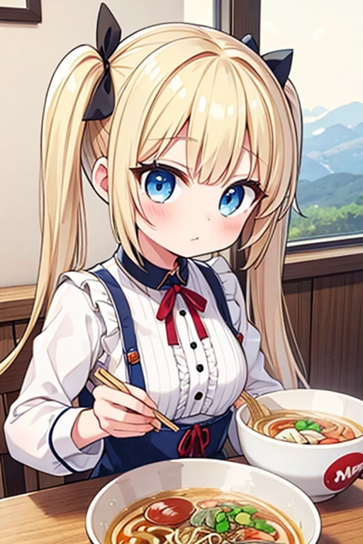 Eat ramen with a mountain of bean sprouts,Highest quality,Blonde with blue eyes、ta、Small breasts、Twin tails、girl'mischief,smile,