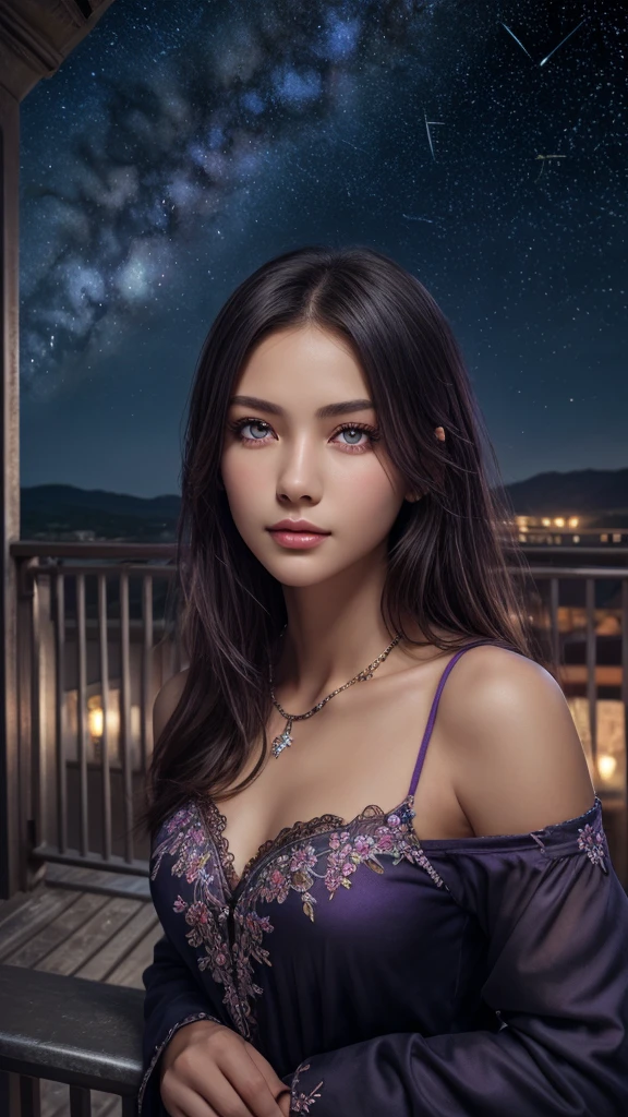 masterpiece, best quality, ultra-detailed, illustration, , , 1girl,solo, image body, flower, looking at viewer, , , purple eyes, jewel-like eyes, extremely detailed eyes, extremely detailed face,, , star (sky), constellation, purple energy, railing, meteor