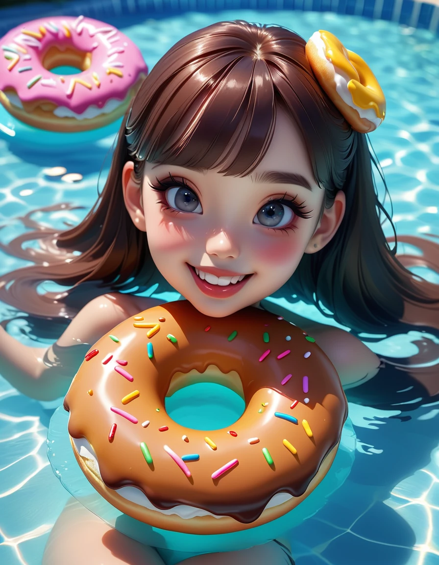 A girl eating a donut:1.5、5age、smile、Floating in the pool with a donut swim ring、Donut bite mark、Detailed skin、Lips Lipgloss、、Beautiful detailed eyes、Beautiful detailed lips、Highly detailed face、Long eyelashes、high quality、8k、Real、Photorealistic、Bright colors、Soft lighting、Cinematic、Portrait