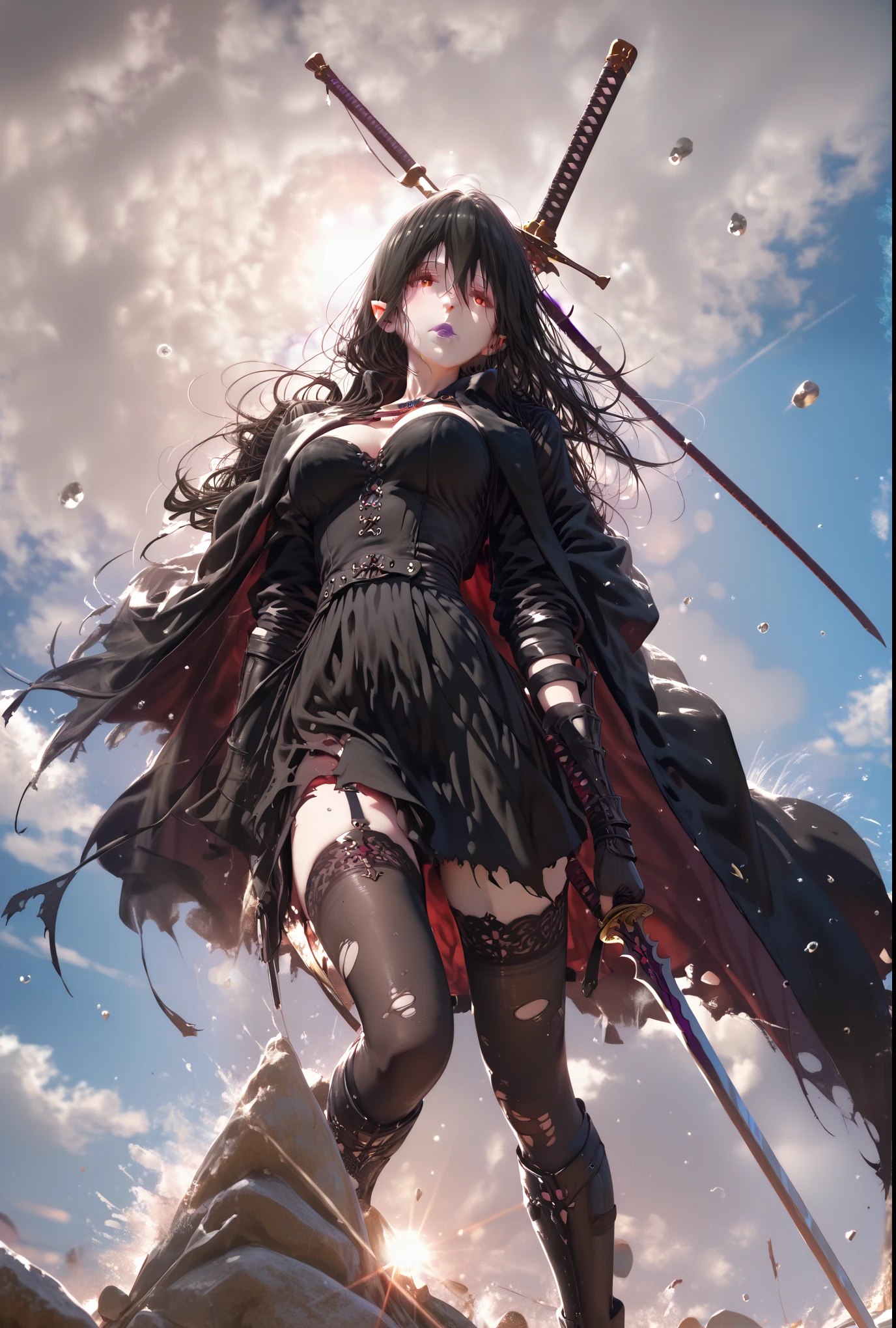(hews art style:0.7), (asura art style:0.7), score_9, score_8_up, score_7_up, score_6_up, uncensored, black hair, red eyes, purple lipstick, hair between eyes, long hair, short pointy ears, pale skin, BREAK (masterpiece:1.2), best quality, high resolution, (detailed eyes:1.3), perfect lighting, (perfect hands, perfect anatomy), large breasts, 1girl, sword, weapon, solo, thighhighs, armor, holding, gauntlets, cape, armored dress, black thighhighs, looking at viewer, fur trim, holding weapon, holding sword, black dress, breasts, dress, fur-trimmed cape, black cape, flag, bokeh, rock, cloudy sky, lens flare, bokeh, torn clothes, glance, dusty, wind motion,