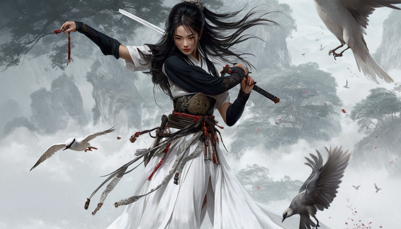 a woman in a white dress holding a sword and a bird, wuxia style, by Yang J, inspired by Li Mei-shu and Chen Yi-fei, G Liulian art style, 4k fantasy art, epic fantasy digital art, inspired by Wu Zuoren, inspired by Fenghua Zhong