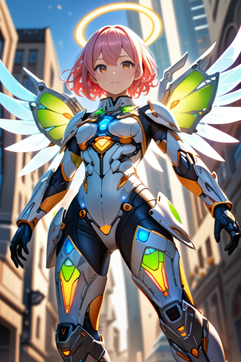 (best quality, masterpiece, colorful, dynamic angle, from below, highest detailed)upper body photo, full body photo, fashion photography of cute mechangel, glowing 4 wings, solo, glowing armor, glowing halo, building, glowing mechanical 4 wings (intricate details, hyperdetailed:1.15), detailed, light passing through hair, (official art, extreme detailed, highest detailed), HDR+