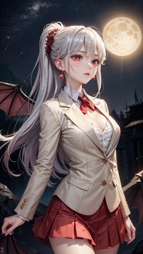 (Highest quality,Very detailed,High resolution:1.2),One Girl,Gray Hair,The most beautiful girl in human history,(1 photo from the front)、暗い red eyes (暗いred eyes:1.1),さみし気なaura(aura:1.1),(mysterious,Ghostly:1.1) atmosphere,Looks like half a demon,(Demonic traits,Demonic traits),(Elaborate,wonderful) Earrings,Small Ass,Long and beautiful legs、Semi-long hair up to the shoulders, ((Upper Body Shot)), (Focus on the chest and face),D-cup beautiful breasts、Clear Eyes、Are standing、My cheeks are a little red,((White shirt and blazer))、((Long skirt that hides the knees))、Huge bat-like wings growing from his shoulders.,A big full moon shines in the dark night sky、No exposure