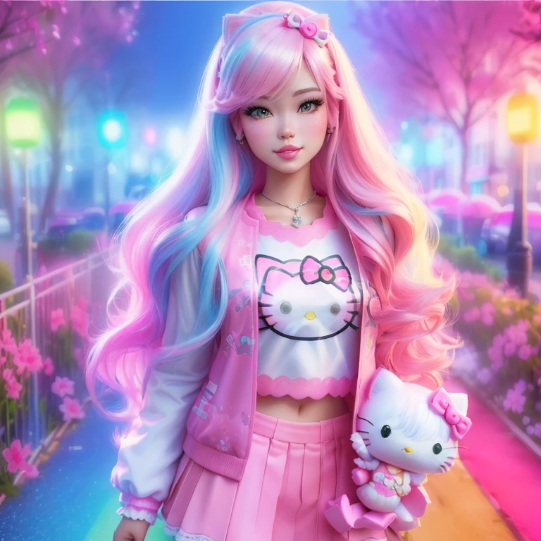 barbie doll with pink hair and a hello kitty outfit, anime barbie doll, anime barbie in white, very beautiful cute catgirl, barbie doll, rossdraws pastel vibrant, kawaii realistic portrait, colorful aesthetic, rossdraws cartoon vibrant, realistic anime 3 d style, realistic artstyle, cute digital art, beeple and jeremiah ketner, anime styled 3d