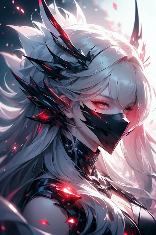 a close up of a person wearing a mask, artwork in the style of guweiz, attractive WOLF MAN, gradient red to black, very creepy, machiavellian puppetmaster, doll in hand, loom, cyber school girl, genderswap, transparent veil, elegant cat, dark runes. NO BACKGROUND