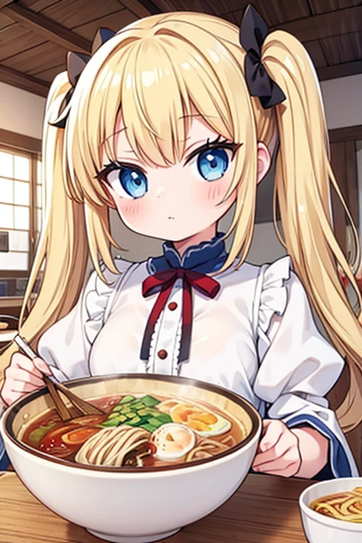 Eat a mountain of ramen,Highest quality,Blonde with blue eyes、Lolita、Small breasts、Twin tails、girl'mischief,smile,