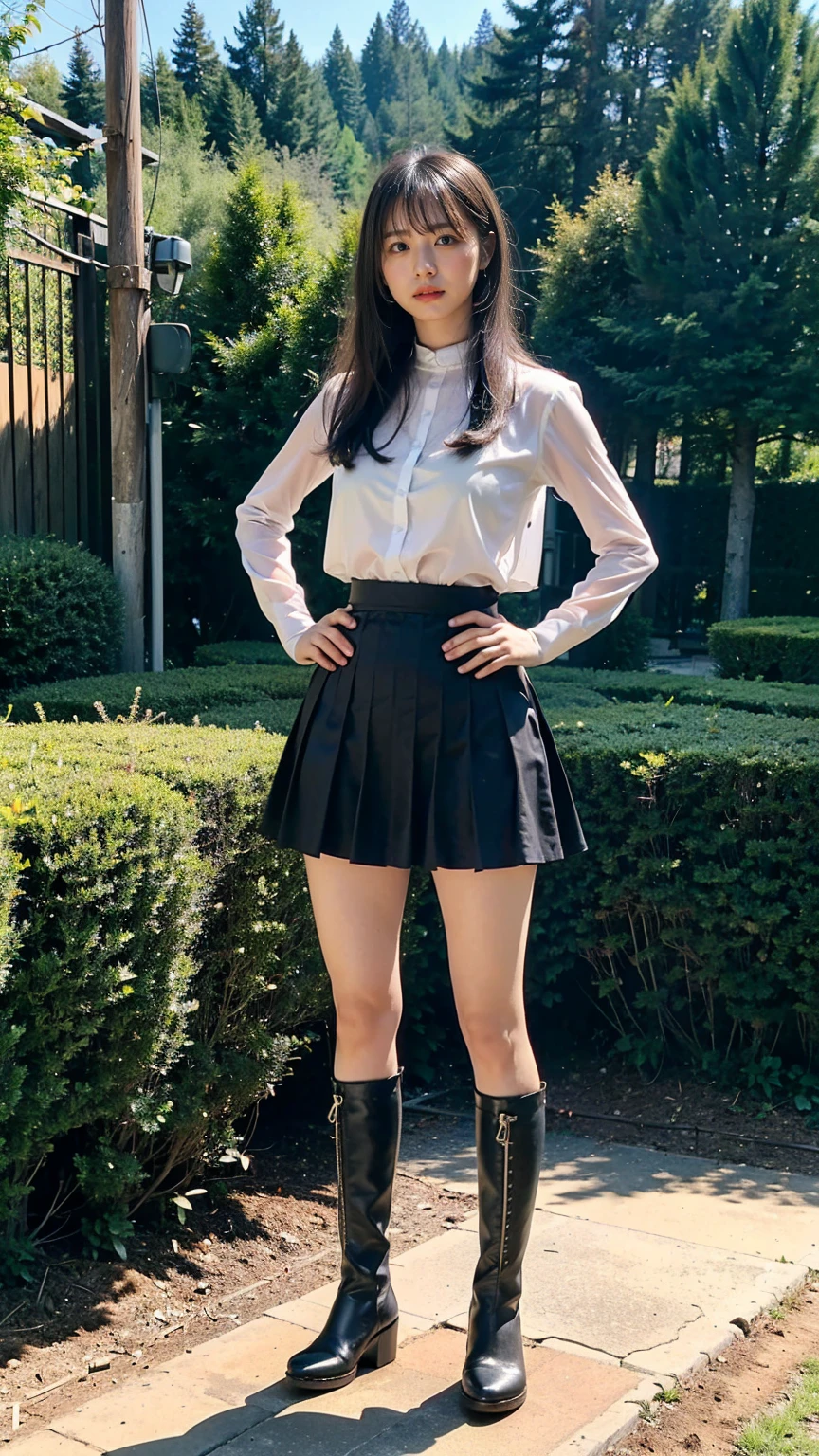(8k、RAW Photos、Highest quality、masterpiece:1.2)、(Realistic、Realistic)、1 Girl、((Black see-through dresini skirt、garden、Exposed Skin、whole body、boots、View from the front、Looking at the camera、Stand with hands on hips))、cute