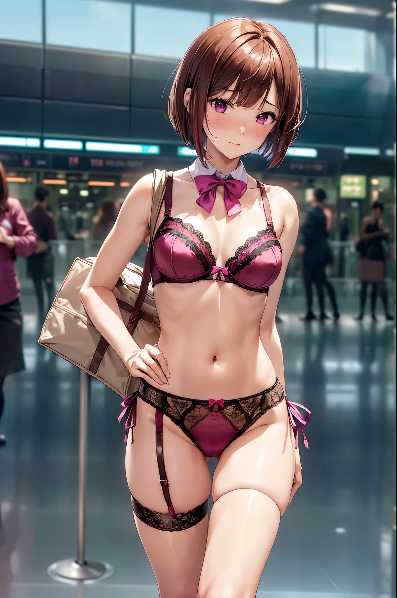 (((masterpiece, Highest quality, High resolution, 超High resolution, Perfect Pixel, Depth of written boundary, 4K, RTTX 10.0))), Beautiful Anime Woman, Beautiful art style, Anime characters, ((Smooth texture, Realistic texture, Anime CG Style)), Perfect and accurate finger count、Exact number of legs、(Exact number of arms:1.0, Exact number of hands:1.0), (Perfect hands, Perfect Anatomy), Cinematic, Realistic, Extremely detailed CG, Daytime lighting, Perfect lighting, Best Shadow, The best natural light, whole body, Perfect body, バランスのとれたPerfect body, Perfectly balanced style, Soft body, Slender body, ((bangs, Reddish brown hair, Stylish bob cut)), ((A cute adult woman is walking:1.8)), ((Bow tie around neck:1.3), (Sexy and cute magenta underwear:1.3), (Stylish shiny magenta satin panties, Side-tie panties, Panties with plain magenta center and lace decoration on the sides:1.3), (Thin panties:1.3), (Magenta Micro Lace Satin Bra, Magenta bra with lace trim, Thin bra:1.3), (lace garter belt, Garter Strings, Knee socks:1.3):1.4), (Beautiful big boobs:1.1), (Embarrassed expression:1.5), blush, (Airport lobby, There are many people in the background々:1.7), naked, In underwear, Carry bag with casters, High heels, Angle from below the front