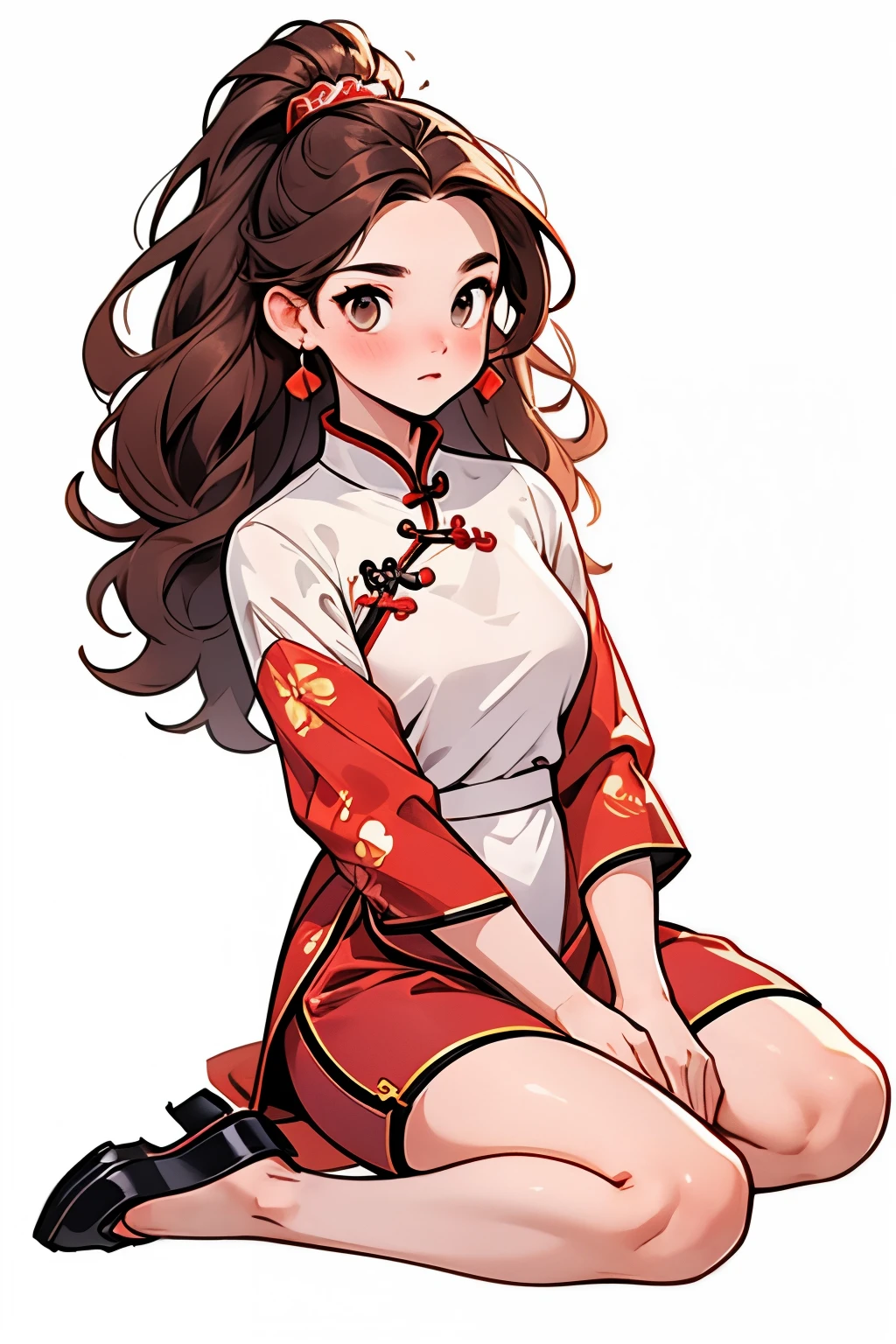 Reference table, Chinese skinny cheongsam,Red cheongsam,((Red shorts)),Show your arms ,Matching Clothing, ((best quality)), ((masterpiece)), (Full body),(A woman),Long hair,Sit all over the body,sit on the floor, Clear facial features,Clean lines design,Transparent Background, Clear facial features,beautiful眼睛,beautiful脸庞, beautiful, (((White background))) , ((No light))), Random Hairstyle, Brown hair, random eyes color