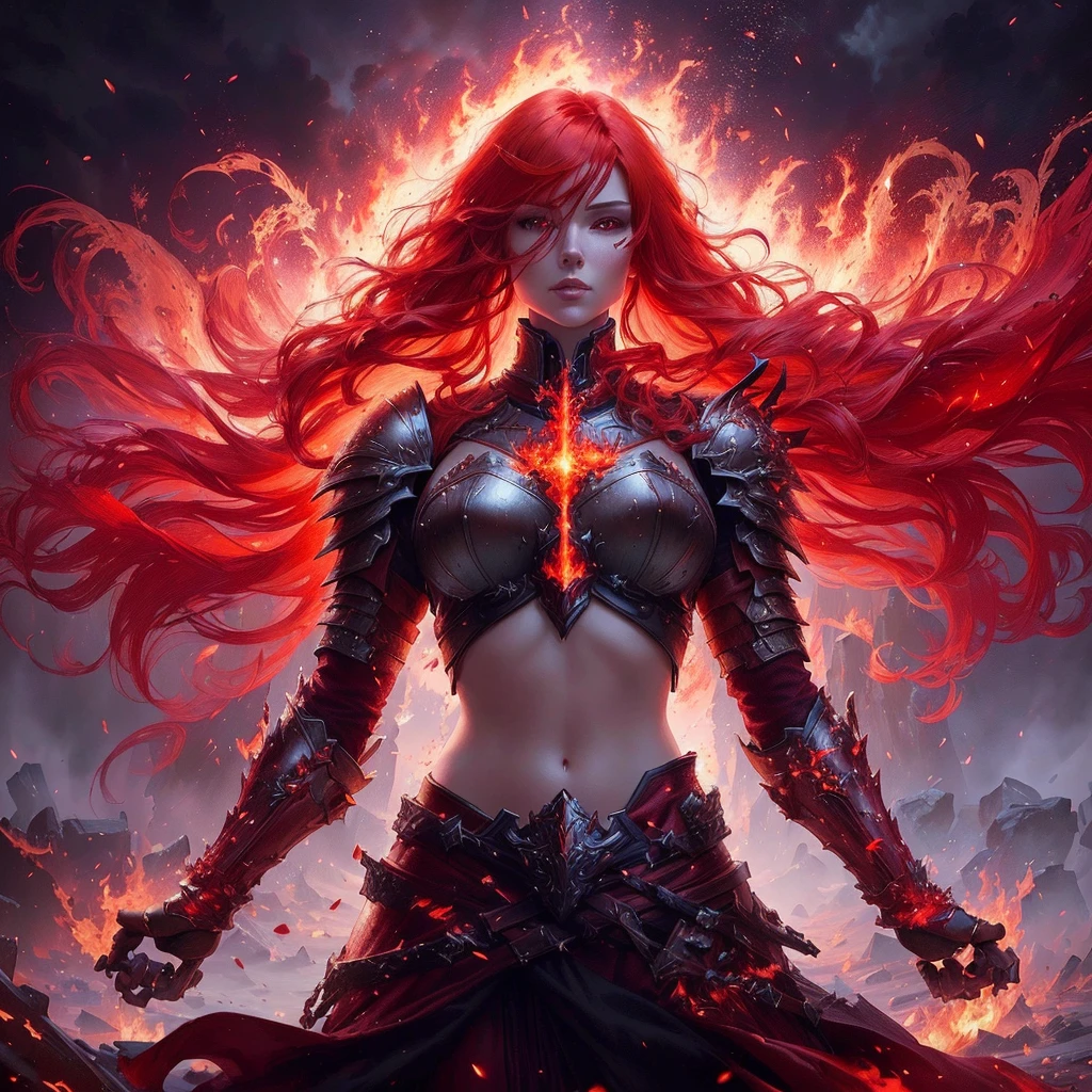 a woman with red hair and armor standing in front of a fire, redhead queen in heavy red armor, 4k fantasy art, epic fantasy art style hd, epic fantasy digital art style, epic fantasy art style, female redhead templar, karol bak uhd, red haired goddess, badass anime 8 k, epic fantasy style art, 8k fantasy art, large breasts