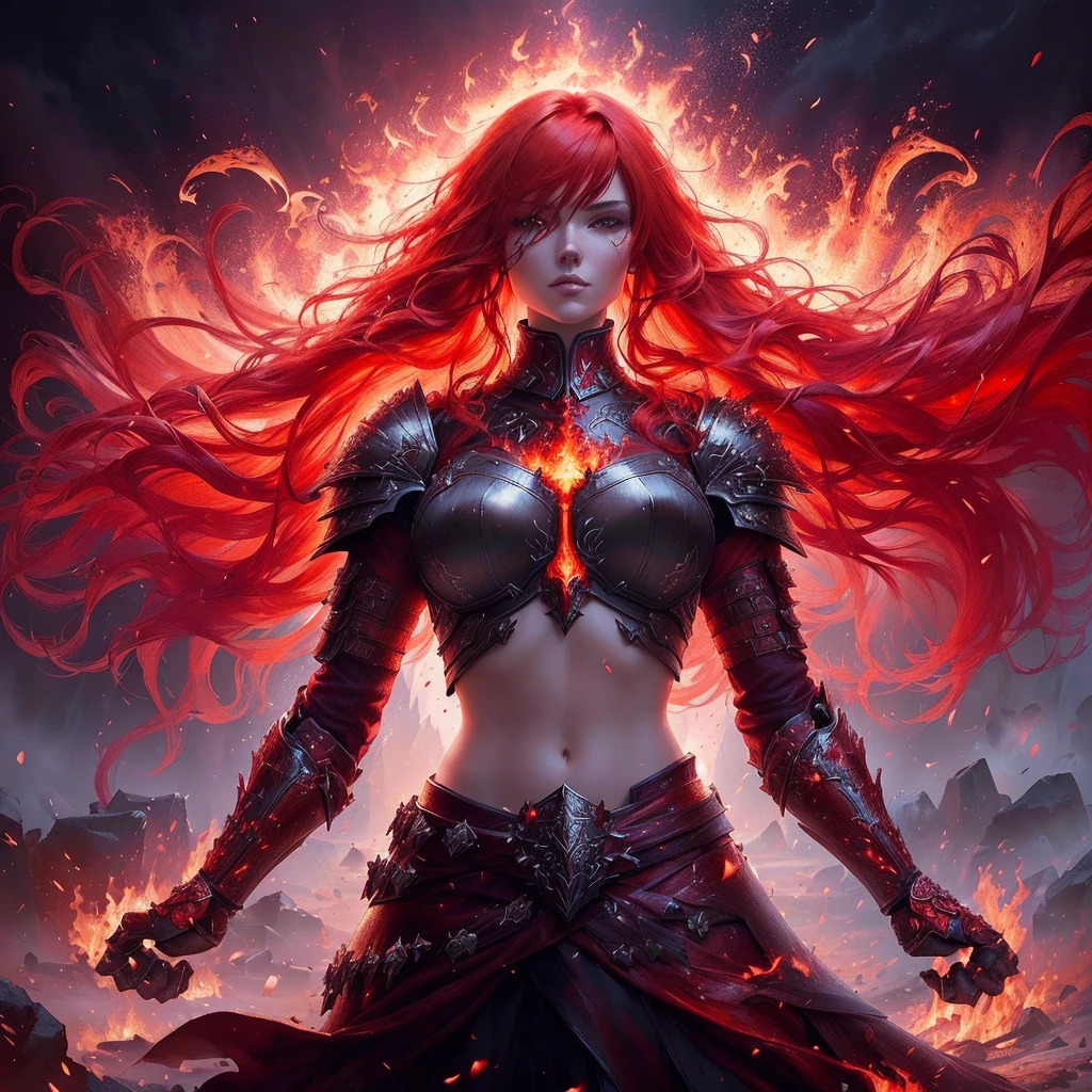 a woman with red hair and armor standing in front of a fire, redhead queen in heavy red armor, 4k fantasy art, epic fantasy art style hd, epic fantasy digital art style, epic fantasy art style, female redhead templar, karol bak uhd, red haired goddess, badass anime 8 k, epic fantasy style art, 8k fantasy art, large