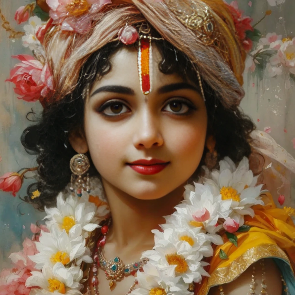 Lord Krishna, adorable face, large beautiful eyes, reddish cheeks, red lips, cute smile, curly hairs, flower garlands, lotuses, tilak, watercolor, dull but bright colors