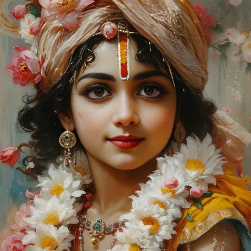 Lord Krishna, adorable face, large beautiful eyes, reddish cheeks, red lips, cute smile, curly hairs, flower garlands, lotuses, tilak, watercolor, dull but bright colors