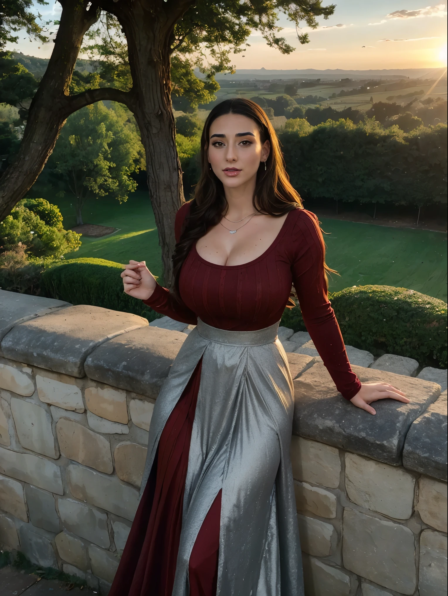 Gorgeous and sultry busty athletic (thin) brunette queen with sharp facial features wearing a modest updo, dark red medieval dress, long sleeves, intricate patterns, scrollwork, wide neck, crown, veil, long dress, modest dress, tight bodice, (silver waist chain), medieval jewelry, Middle Ages, castle, rampart, wall, exterior, on top of a castle wall, trees, countryside, evening, sunset.