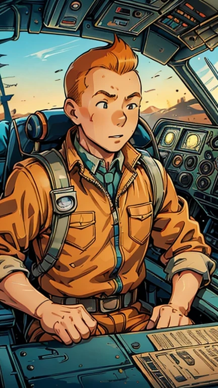 (Teens:1man: Tintin), (extremely detailed CG unit 8k wallpaper),(master part), (best quality), (ultra detali), (best illustration),(photo of pilot), cowboy shot, (Sharp eyeliner, ombre, detailed eyes:1), holding the control,sitting in cockpit, break , upper body, short hair, orange hair,