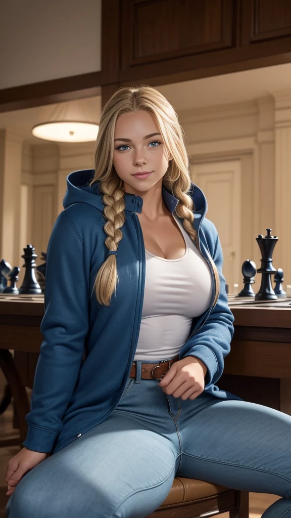 (muscular beautiful cute ager Sofia Flax), huge strong biceps volume, huge exposed chest muscles volume, strong bodybuilder muscles, exposed abs skin, (huge firm breasts volume), long blonde braids blue eyes, cute slight smile, tight coat shirt and pants, (sat down moving a chess piece on the board)