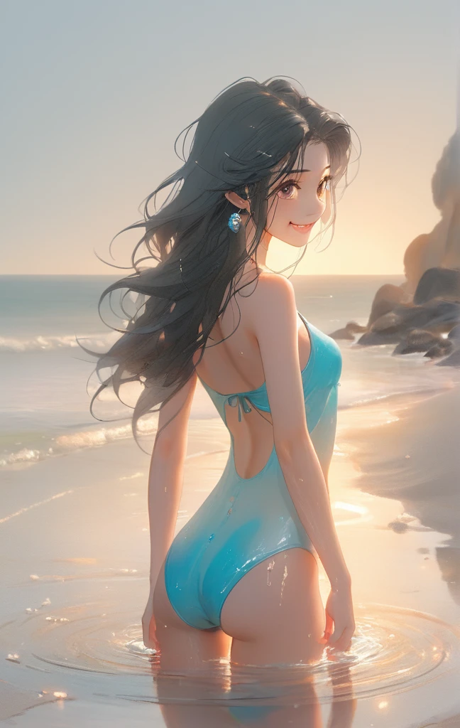 (Turning around), (Amaterasu), leaning forward, back view, smiling, (((All fours))), (((Focus on bust)))
, ((Developing female body))), beautiful hips, light blue swimsuit, small bust, photography, blushing, cute bikini, wet, wet oil, shining skin, outdoors, beachside, black hair, (Light transparency: 1.3), light dispersion, light scattering, quietly shining water surface, sunset