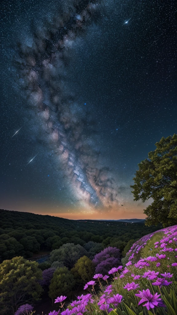 masterpiece, best quality, ultra-detailed, illustration, , image , flower, looking at viewer, , , purple , extremely detailed , extremely detailed ,, , star (sky), constellation, purple energy, railing, meteor