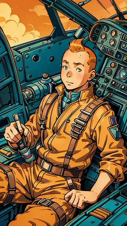 (Teens:1man: Tintin), (extremely detailed CG unit 8k wallpaper),(master part), (best quality), (ultra detali), (best illustration),(photo of pilot), cowboy shot, (Sharp eyeliner, ombre, detailed eyes:1), holding the control,sitting in cockpit, break , upper body, short hair, orange hair,