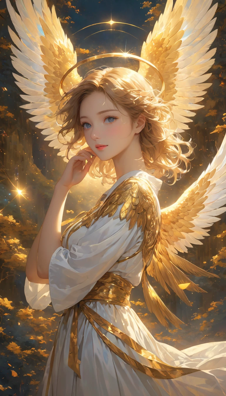 Anime style,Angels descended to earth,(Surrealism:1.2), beautiful, Perfect lighting, Beautiful hands, (wing), (Mysterious light:1.1), (Golden Halo),