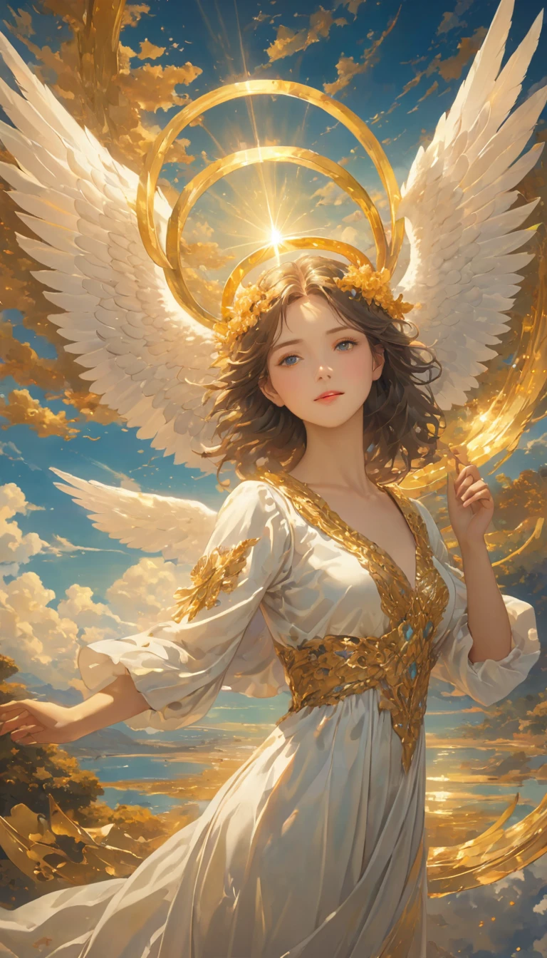 Anime style,Angels descended to earth,(Surrealism:1.2), beautiful, Perfect lighting, Beautiful hands, (wing), (Mysterious light:1.1), (Golden Halo),