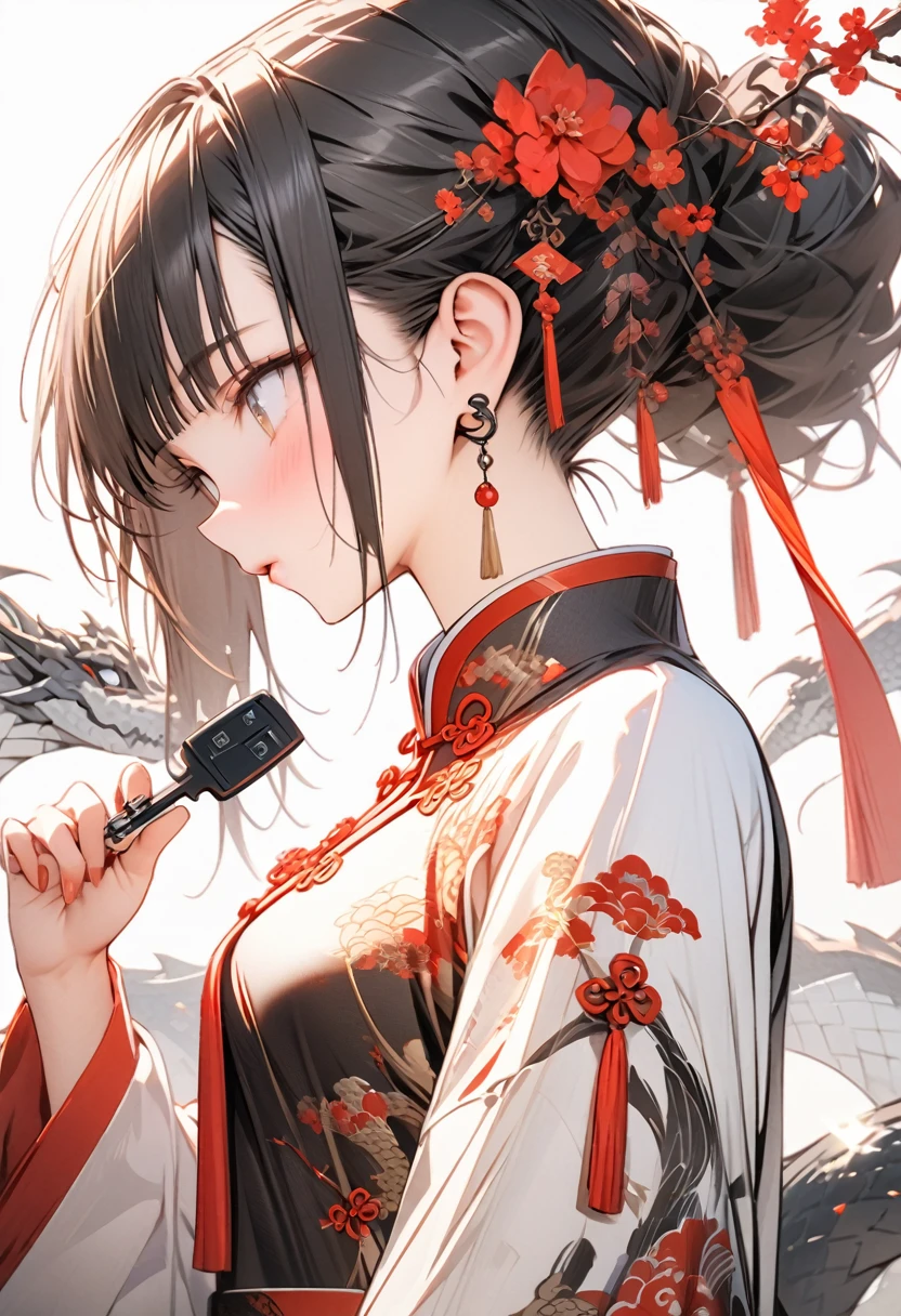 only the girl in the picture, white background, detailed CG unit, Masterpiece, high resolution, (((from side))), (((holding car key in hand))), (((Jwomen's chinese clothing))), ((1 girl)), (surreal, digital painting), photo from the waist up, (((chinese clothing includes red, white and black color))), girl looking at the camera, holding the car key in her hand, chinese cars theme, detailed CG unit, Masterpiece, high resolution, highest quality, the girl has black hair, chinese hairstyle, dragon elements on on clothes