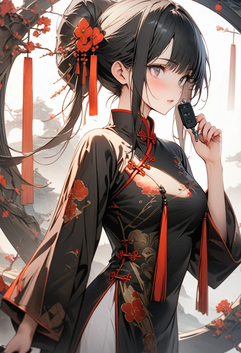 only the girl in the picture, white background, detailed CG unit, Masterpiece, high resolution, (((from side))), (((holding car key in hand))), (((Jwomen's chinese clothing))), ((1 girl)), (surreal, digital painting), photo from the waist up, (((chinese clothing includes red, white and black color))), girl looking at the camera, holding the car key in her hand, chinese cars theme, detailed CG unit, Masterpiece, high resolution, highest quality, the girl has black hair, chinese hairstyle, dragon elements on on clothes