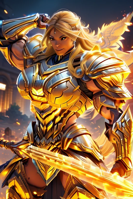 (((Massive, tall, beautiful, buff, muscular brown skinned latino female Valkyrie with yellow hair, ginormous bulky muscles, holding a fire sword/shield and wearing an all yellow gleaming Valkyrie armor and pleated skirt))), ((close-up)), black eyeliner, massive muscles, massive biceps, hyper muscle triceps, (long flowing hair), gray eyes, valkyrie boots, In heaven, steel Valkyrie armor, armor breastplate, nighttime, confident smile, (hyper muscles arms), hyper muscle legs, (ginormous arms)