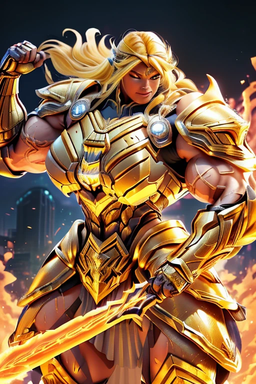 (((Massive, tall, beautiful, buff, muscular brown skinned latino female Valkyrie with yellow hair, ginormous bulky muscles, holding a fire sword/shield and wearing an all yellow gleaming Valkyrie armor and pleated skirt))), ((close-up)), black eyeliner, massive muscles, massive biceps, hyper muscle triceps, (long flowing hair), gray eyes, valkyrie boots, In heaven, steel Valkyrie armor, armor breastplate, nighttime, confident smile, (hyper muscles arms), hyper muscle legs, (ginormous arms)
